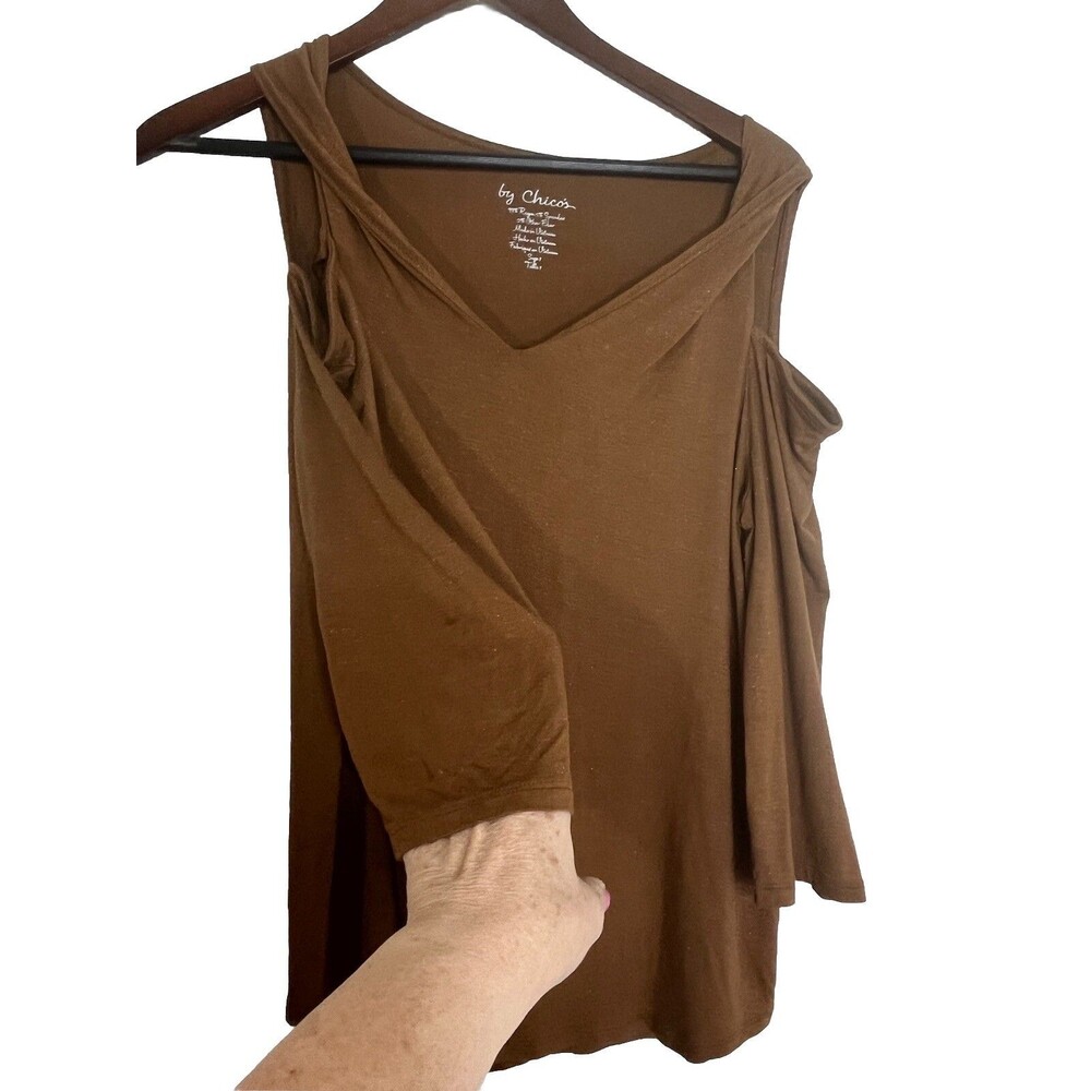 Chicos Twist Strap Shoulder Womens 1 Brown Metallic 3/4 Sleeve Top